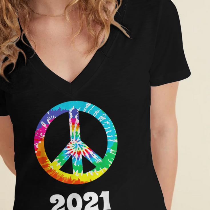 2021 Graduation Class Year Tie Dye Peace Sign Graduate Shirt Women's Jersey Short Sleeve Deep V-Neck Tshirt