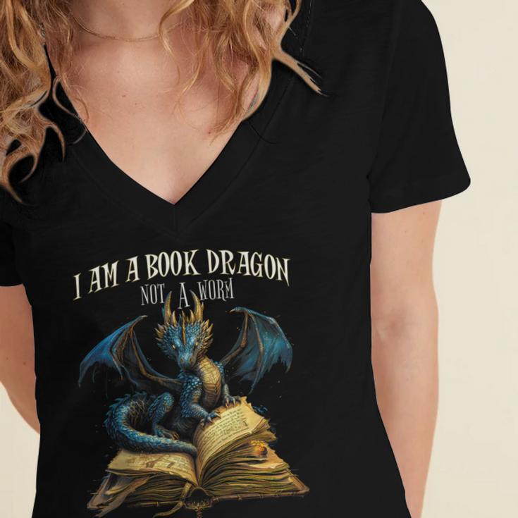 3 Bookish Quote I Am a Book Dragon Not a Worm Reading Book Women's Jersey Short Sleeve Deep V-Neck Tshirt 3 Bookish Quote I Am a Book Dragon Not a Worm Reading Book Women's Jersey Short Sleeve Deep V-Neck Tshirt