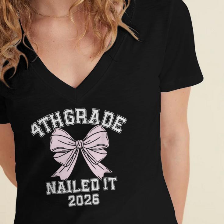 4th Grade Bow 2026 Fourth Grade Graduation Women's Jersey Short Sleeve Deep V-Neck Tshirt