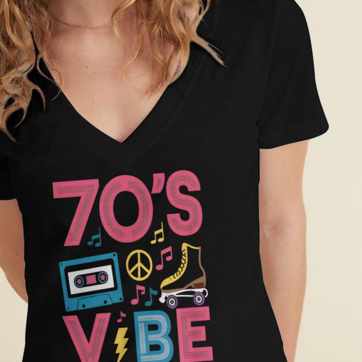 70s Retro Style Roller Skate Cassette Music Nostalgia Women's Jersey Short Sleeve Deep V-Neck Tshirt 70s Retro Style Roller Skate Cassette Music Nostalgia Women's Jersey Short Sleeve Deep V-Neck Tshirt