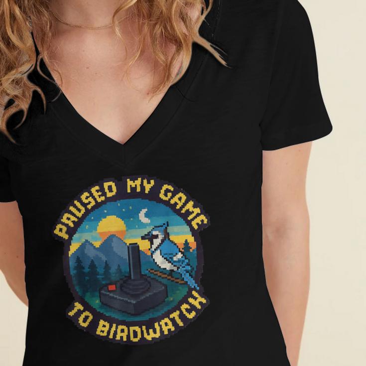 8-Bit Gamer Birder Blue Jay Arcade Nostalgia Nature Women's Jersey Short Sleeve Deep V-Neck Tshirt