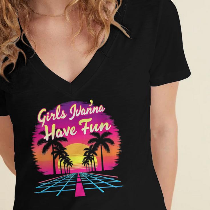 80s Fashion Girls Just Wanna Have Fun 1980s Nostalgia Women's Jersey Short Sleeve Deep V-Neck Tshirt