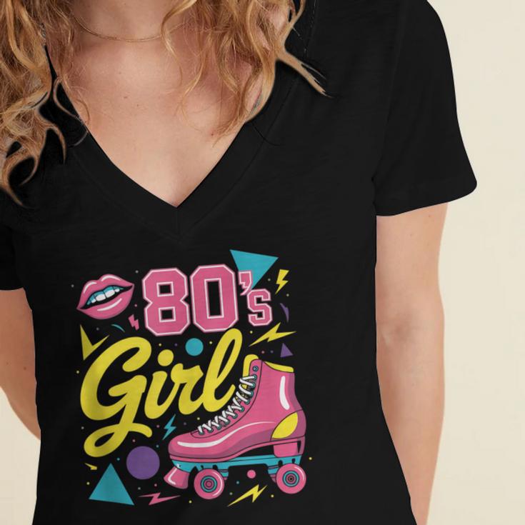 80's Girl Roller Skates Skating Eighties 1980s Nostalgia Women's Jersey Short Sleeve Deep V-Neck Tshirt