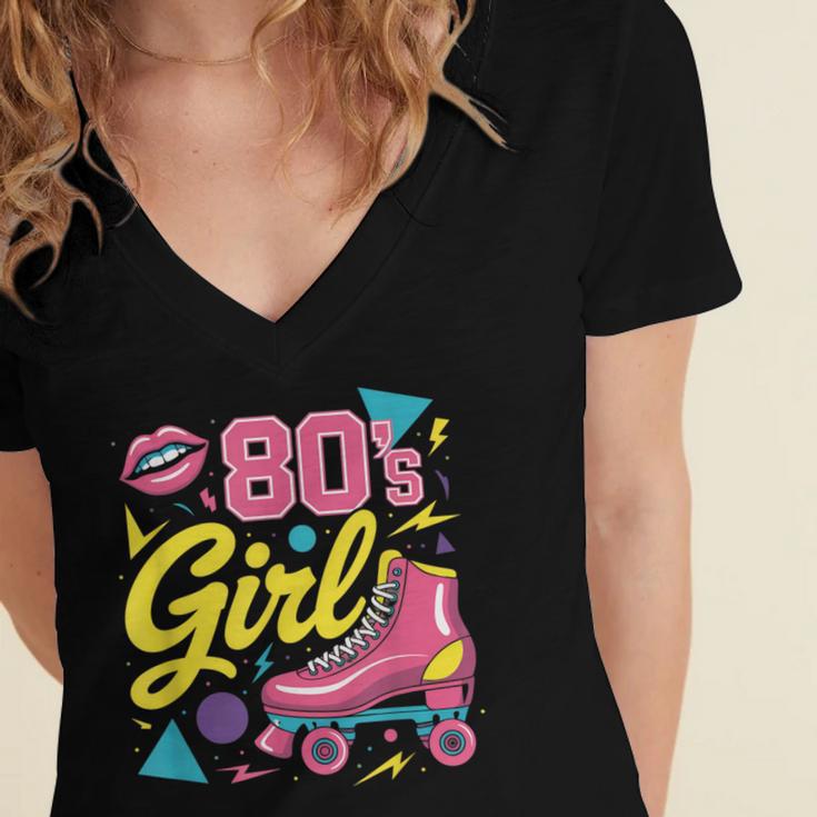 80's Girl Roller Skates Skating Eighties 1980s Nostalgia Women's Jersey Short Sleeve Deep V-Neck Tshirt 80's Girl Roller Skates Skating Eighties 1980s Nostalgia Women's Jersey Short Sleeve Deep V-Neck Tshirt