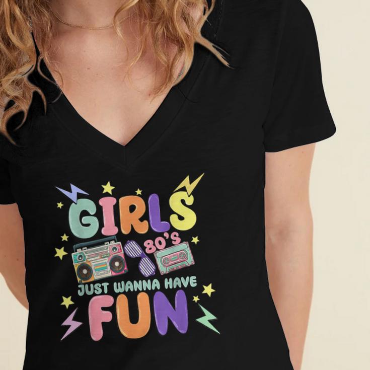 80's Girls Just Wanna Have Fun Nostalgia 1980s Women's Jersey Short Sleeve Deep V-Neck Tshirt 80's Girls Just Wanna Have Fun Nostalgia 1980s Women's Jersey Short Sleeve Deep V-Neck Tshirt