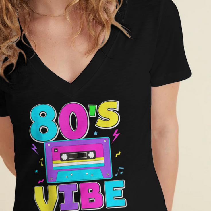 80's Vibe Retro Style Cassette Tape Nostalgia 1980s Party Women's Jersey Short Sleeve Deep V-Neck Tshirt