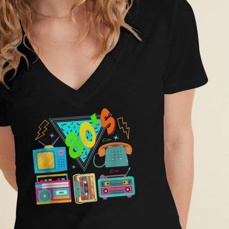 80's Vintage Cassette Tape Nostalgia Mixtape Era 1980s Retro Women's Jersey Short Sleeve Deep V-Neck Tshirt