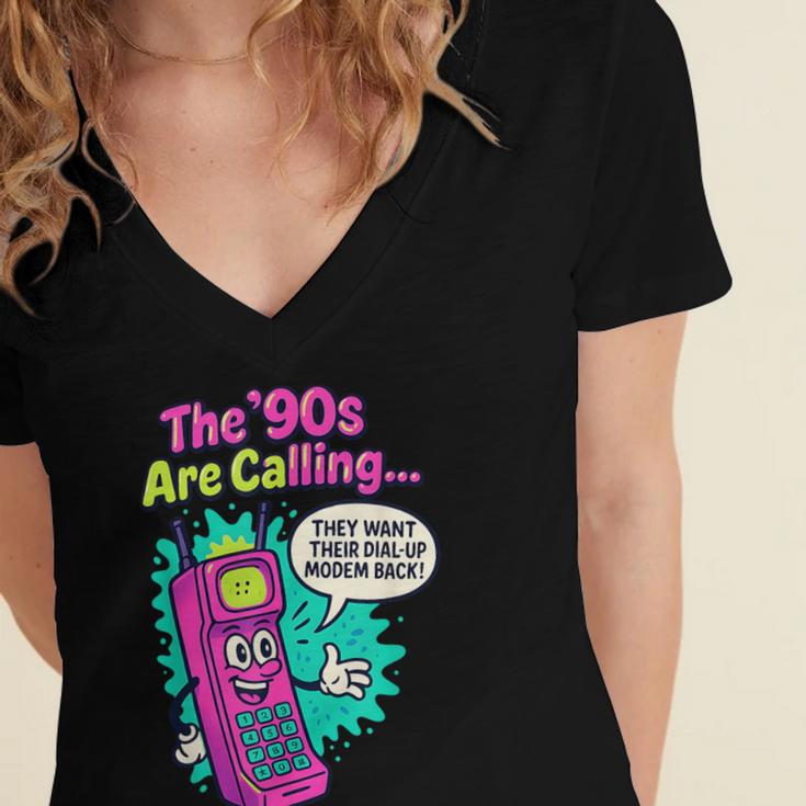 The 90s Are Calling Retro 90s Kid Nostalgia Gag Meme Women's Jersey Short Sleeve Deep V-Neck Tshirt