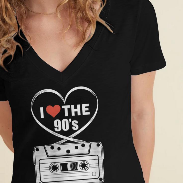 90s Nostalgia Cassette Heart Retro I Love The 90s Women's Jersey Short Sleeve Deep V-Neck Tshirt
