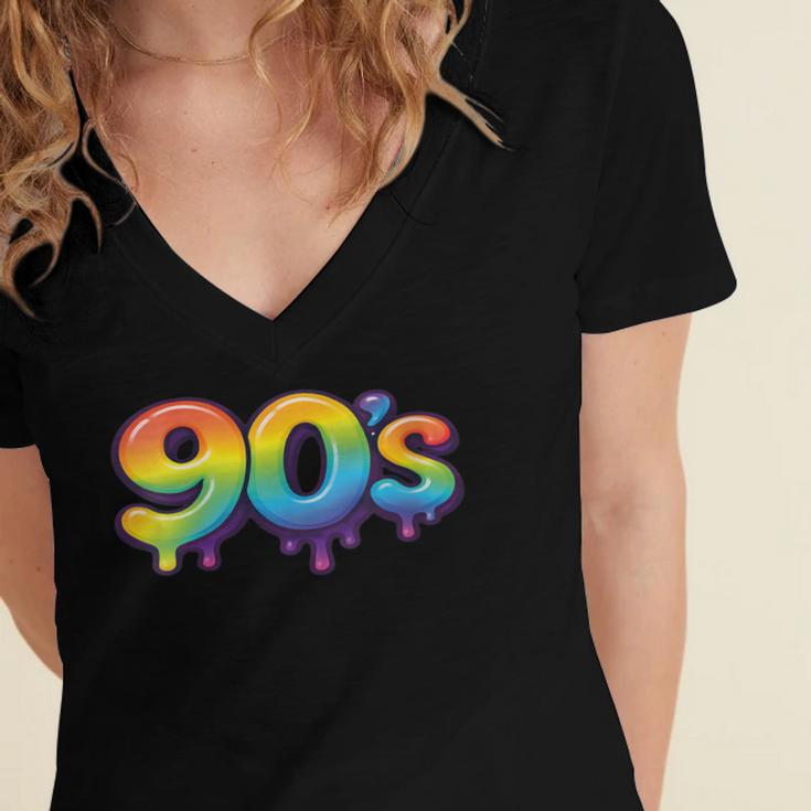 90s Retro Pop Art Rainbow Lips Nostalgia Costume 90s Women's Jersey Short Sleeve Deep V-Neck Tshirt 90s Retro Pop Art Rainbow Lips Nostalgia Costume 90s Women's Jersey Short Sleeve Deep V-Neck Tshirt