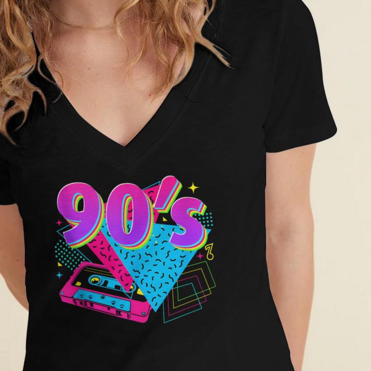 90's Vibe Retro Style Cassette Tape Nostalgia 1990s Party Women's Jersey Short Sleeve Deep V-Neck Tshirt