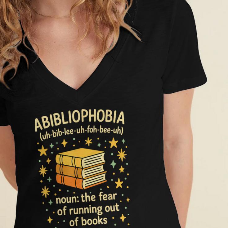 Abibliophobia Book Lover Reading Humor Graphic Women's Jersey Short Sleeve Deep V-Neck Tshirt Abibliophobia Book Lover Reading Humor Graphic Women's Jersey Short Sleeve Deep V-Neck Tshirt