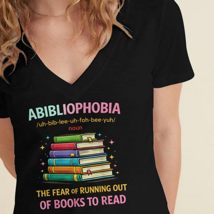 Abibliophobia Book Lovers Graphic Women's Jersey Short Sleeve Deep V-Neck Tshirt