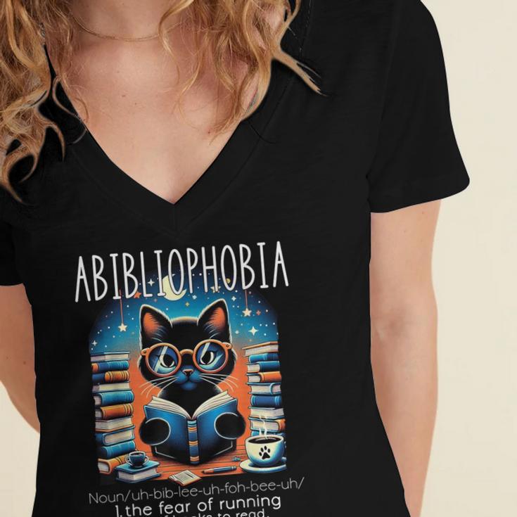 Abibliophobia Cat Reading Bookworm Reader Nerd For Men Women Girls Kids Women's Jersey Short Sleeve Deep V-Neck Tshirt