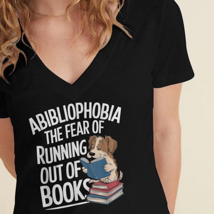 Abibliophobia Dog Book Lover Library Women's Jersey Short Sleeve Deep V-Neck Tshirt