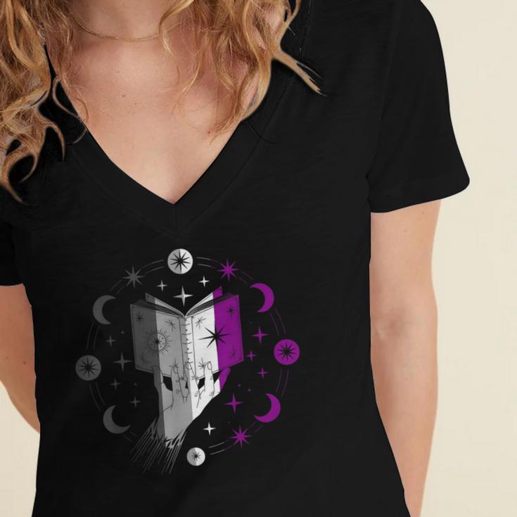 Ace Pride Book With Stars Moons And Magic Hand Women's Jersey Short Sleeve Deep V-Neck Tshirt