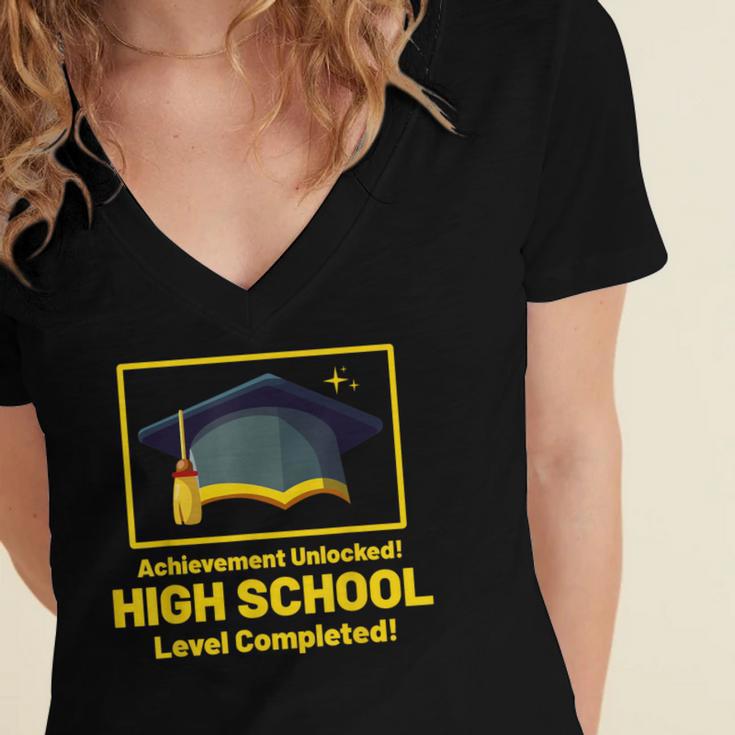 Achievement Unlocked High School Graduation Gamer Women's Jersey Short Sleeve Deep V-Neck Tshirt