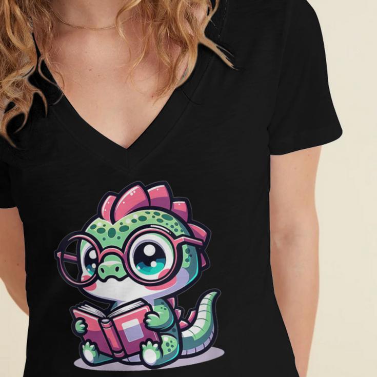 Adorable Book Lover Basilisk With Reading Glasses Cute Women's Jersey Short Sleeve Deep V-Neck Tshirt