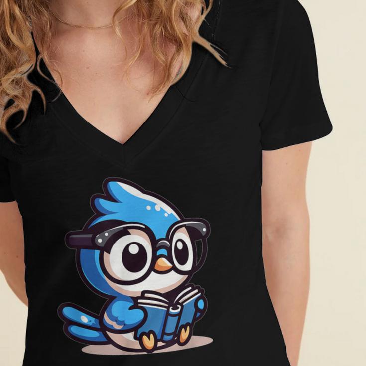 Adorable Book Lover Blue Jay With Reading Glasses Cute Women's Jersey Short Sleeve Deep V-Neck Tshirt