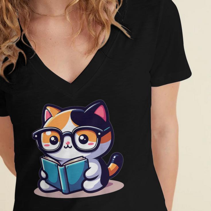 Adorable Book Lover Calico Cat With Reading Glasses Cute For Men Women Kids Women's Jersey Short Sleeve Deep V-Neck Tshirt Adorable Book Lover Calico Cat With Reading Glasses Cute For Men Women Kids Women's Jersey Short Sleeve Deep V-Neck Tshirt