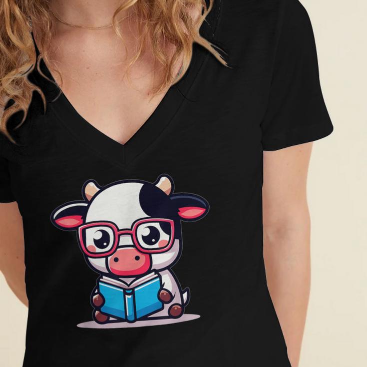 Adorable Book Lover Cow With Reading Glasses Cute Women's Jersey Short Sleeve Deep V-Neck Tshirt