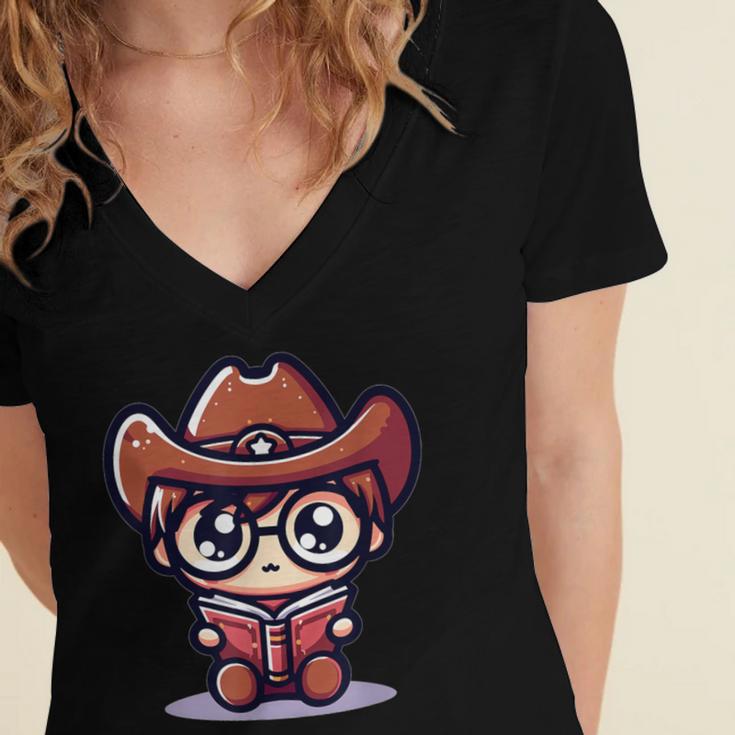 Adorable Book Lover Cowboy With Reading Glasses Cute Women's Jersey Short Sleeve Deep V-Neck Tshirt