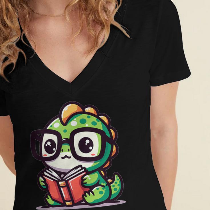 Adorable Book Lover Iguana With Reading Glasses Cute Women's Jersey Short Sleeve Deep V-Neck Tshirt Adorable Book Lover Iguana With Reading Glasses Cute Women's Jersey Short Sleeve Deep V-Neck Tshirt