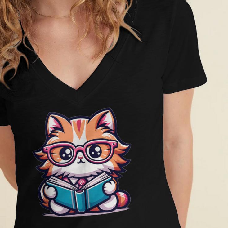 Adorable Book Lover Maine Coon Cat With Reading Glasses Cute Women's Jersey Short Sleeve Deep V-Neck Tshirt