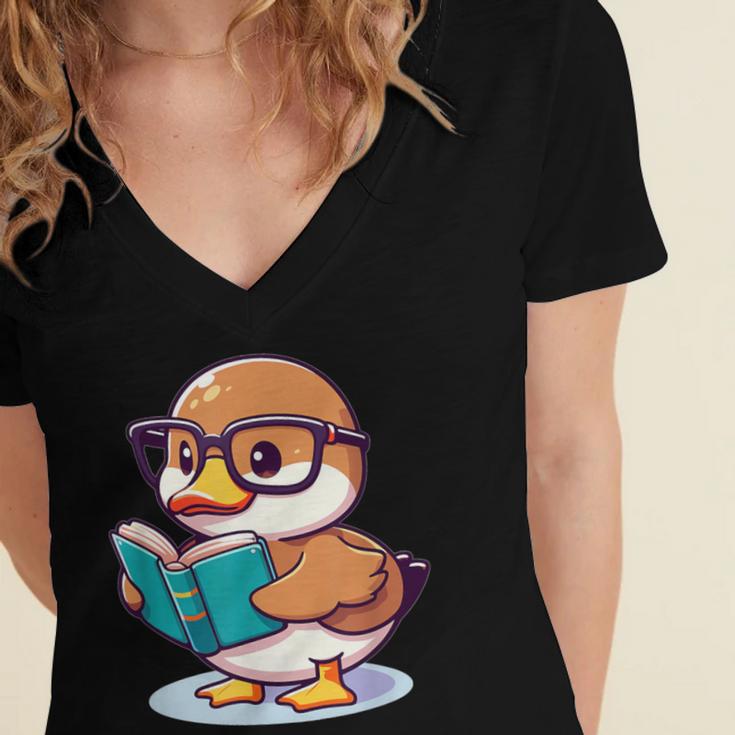 Adorable Book Lover Mallard Duck With Reading Glasses Cute Women's Jersey Short Sleeve Deep V-Neck Tshirt