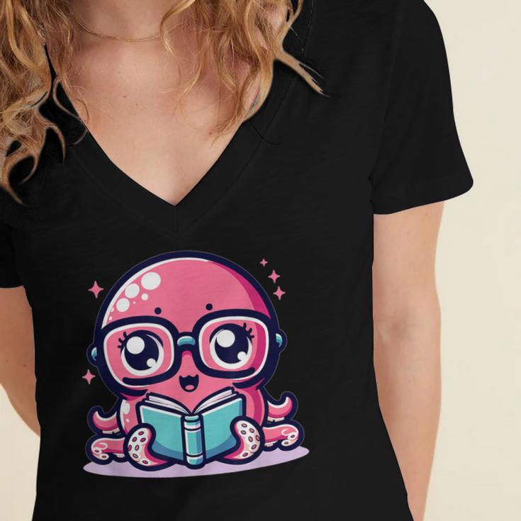 Adorable Book Lover Octopus With Reading Glasses Cute Women's Jersey Short Sleeve Deep V-Neck Tshirt