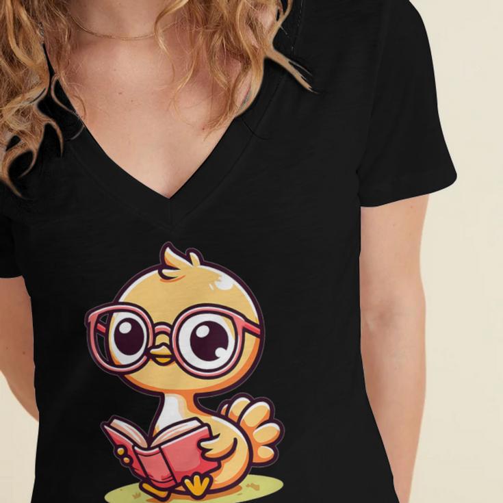 Adorable Book Lover Ostrich With Reading Glasses Cute Women's Jersey Short Sleeve Deep V-Neck Tshirt
