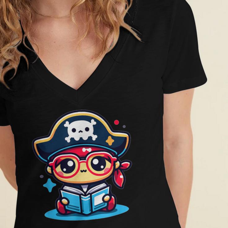 Adorable Book Lover Pirate With Reading Glasses Cute Women's Jersey Short Sleeve Deep V-Neck Tshirt Adorable Book Lover Pirate With Reading Glasses Cute Women's Jersey Short Sleeve Deep V-Neck Tshirt