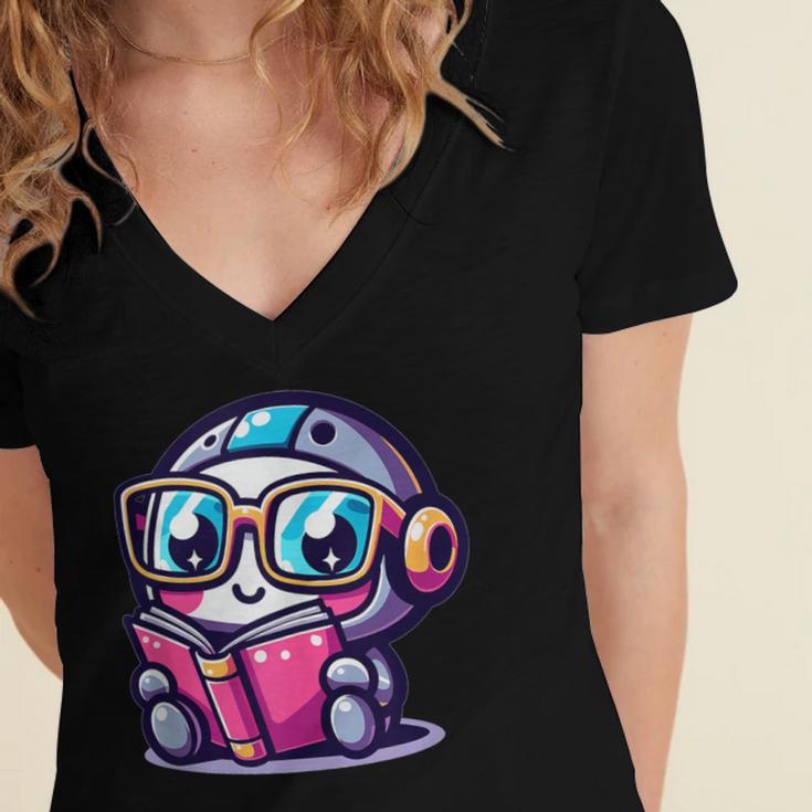Adorable Book Lover Robot With Reading Glasses Cute Women's Jersey Short Sleeve Deep V-Neck Tshirt Adorable Book Lover Robot With Reading Glasses Cute Women's Jersey Short Sleeve Deep V-Neck Tshirt