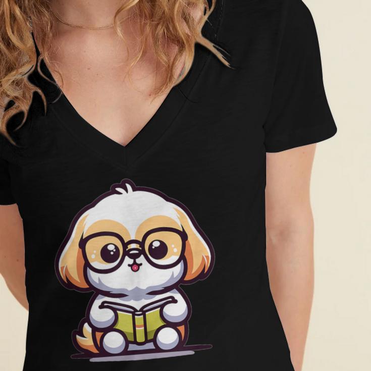 Adorable Book Lover Shih Tzu With Reading Glasses Cute Women's Jersey Short Sleeve Deep V-Neck Tshirt
