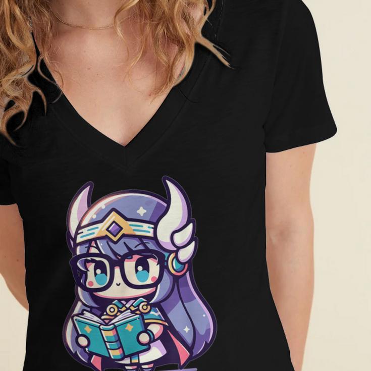 Adorable Book Lover Valkyrie With Reading Glasses Cute Women's Jersey Short Sleeve Deep V-Neck Tshirt