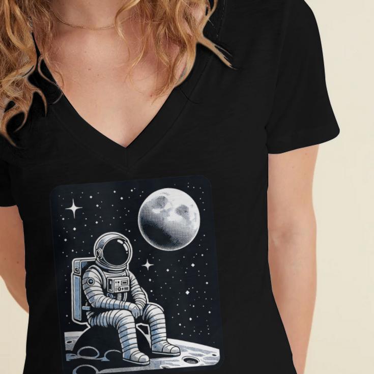 Aesthetic Spaceman Astronaut On The Moon Space Introvert Women's Jersey Short Sleeve Deep V-Neck Tshirt