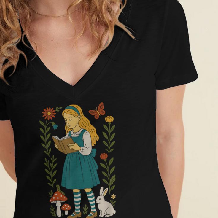 Alice In Wonderland Book Lover Lewis Carroll Rabbit Women's Jersey Short Sleeve Deep V-Neck Tshirt