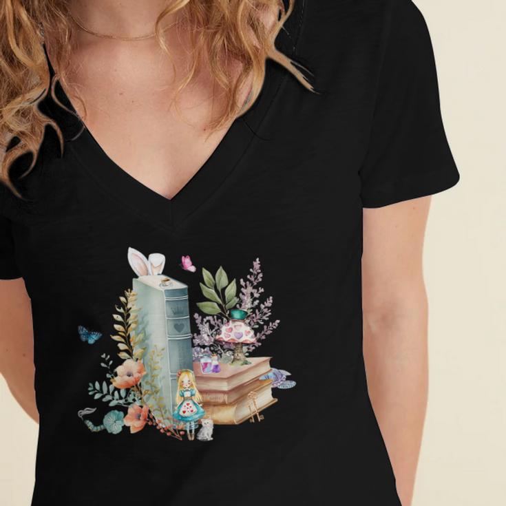 Alice In Wonderland Characters Lewis Carroll Book Lover Women's Jersey Short Sleeve Deep V-Neck Tshirt