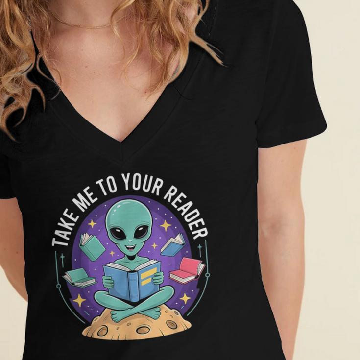 Alien Reader Reading Teacher Librarian Book Lover Women's Jersey Short Sleeve Deep V-Neck Tshirt