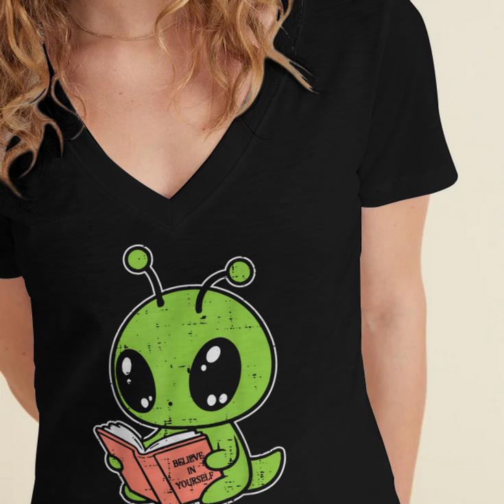 Alien Reading Book Believe In Yourself Kids Women Men Women's Jersey Short Sleeve Deep V-Neck Tshirt