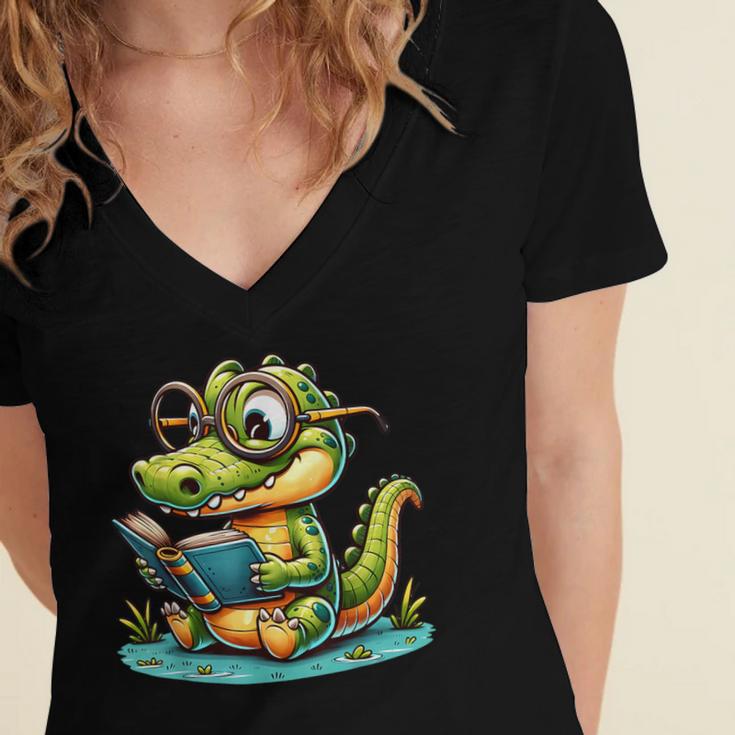 Alligator Reading a Book Animal Women's Jersey Short Sleeve Deep V-Neck Tshirt