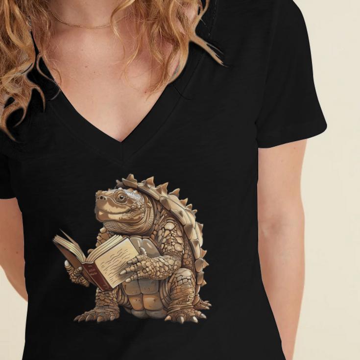 Alligator Snapping Turtle Reading A Book Women's Jersey Short Sleeve Deep V-Neck Tshirt