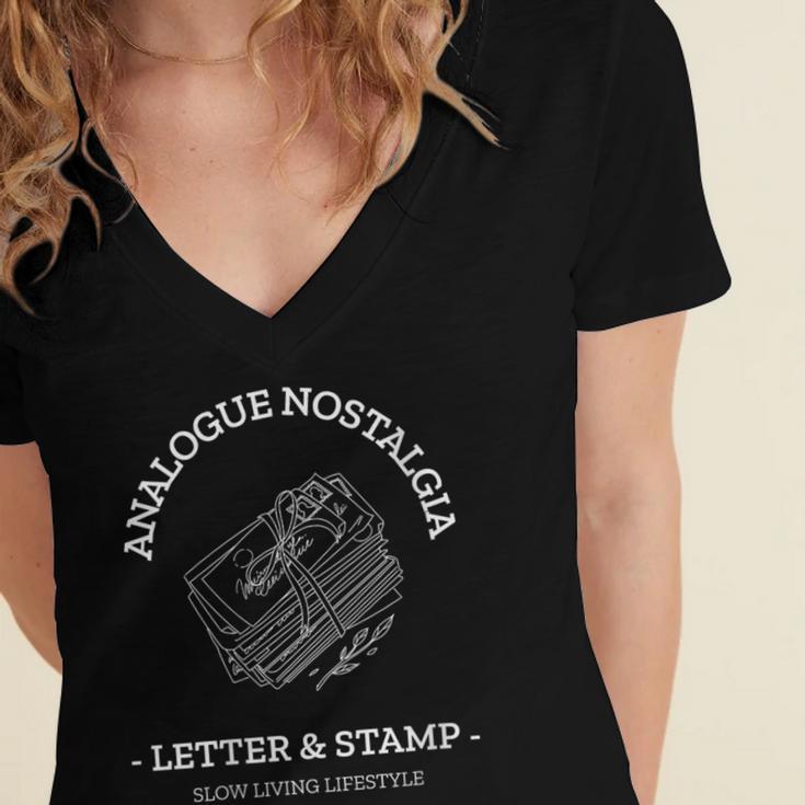 Analogue Nostalgia Letter & Stamp Graphic Women's Jersey Short Sleeve Deep V-Neck Tshirt Analogue Nostalgia Letter & Stamp Graphic Women's Jersey Short Sleeve Deep V-Neck Tshirt