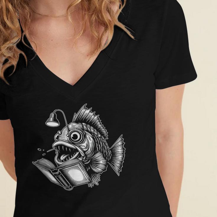 Anglerfish Reading Book Art Women's Jersey Short Sleeve Deep V-Neck Tshirt