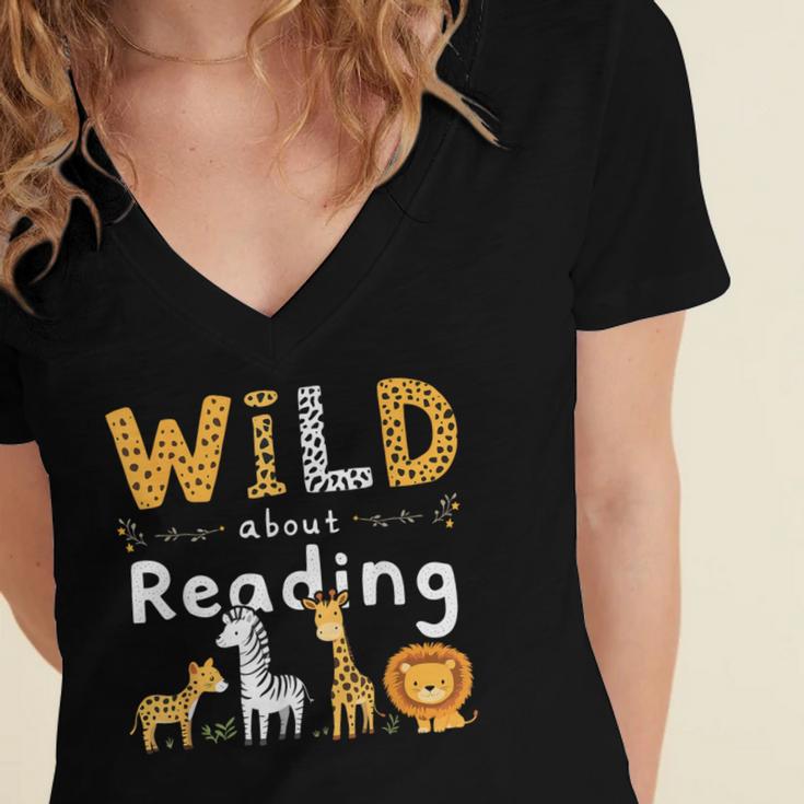 Animal Print Read A Book Character Kids Wild About Reading Women's Jersey Short Sleeve Deep V-Neck Tshirt