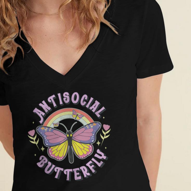 Antisocial Butterfly Groovy t For Introvert Men Women Girls Women's Jersey Short Sleeve Deep V-Neck Tshirt
