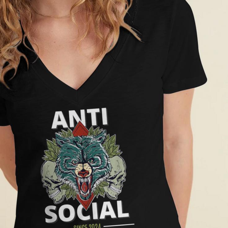 Antisocial Introvert I Like Being Alone Women's Jersey Short Sleeve Deep V-Neck Tshirt