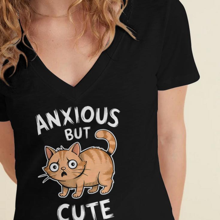 Anxious But Cute Anxiety Meme Cat Lover Introvert For Men Women Women's Jersey Short Sleeve Deep V-Neck Tshirt