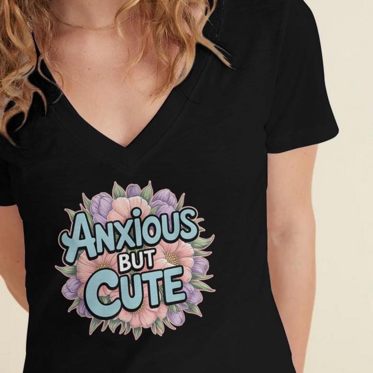 Anxious But Cute Introvert Floral Social Anxiety Women's Jersey Short Sleeve Deep V-Neck Tshirt