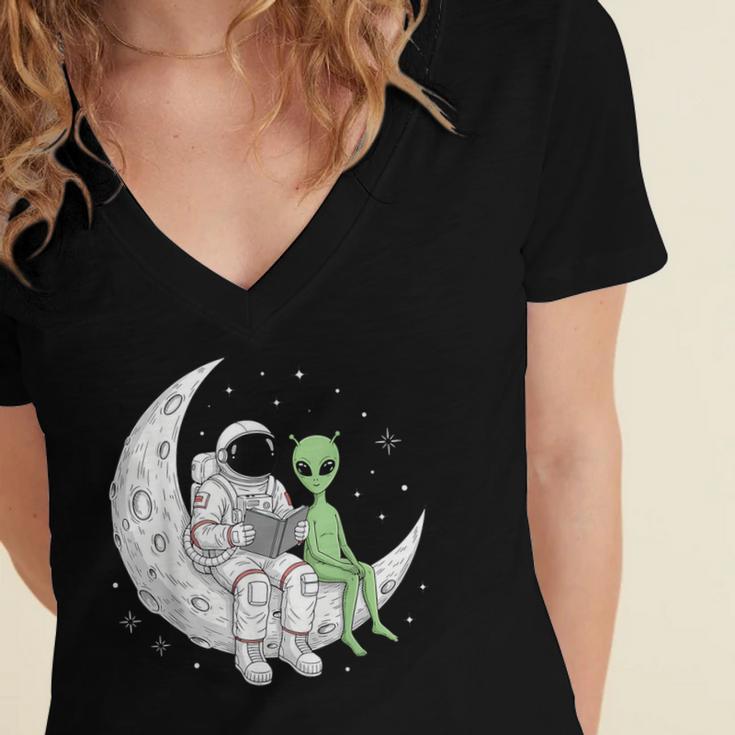Astronaut Reading Book To Alien Moon Space Book Lover Men Women's Jersey Short Sleeve Deep V-Neck Tshirt